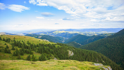 Nature mountain landscape, green forest and hill, Blue sky with clouds, summer daylight, Kopaonik mountain. Serbia.