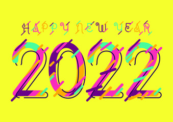 Happy New Year 2022 greeting card with fluid paper cut shapes background. Pink blue yellow carving vector. 2022 calligraphic numbers cut of origami paper and Happy New Year text vector design