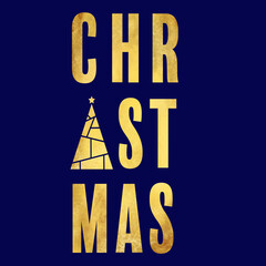 Naklejka premium christmas - golden text on a colored background with a Christmas tree, typographic fun, inspiration for a Christmas card, social media, poster, flyer