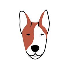 Dogs face avatar. Cute bull terrier doggy head. Canine animal portrait of adorable puppy snout. Purebred bullterrier pup. Charming pets muzzle. Flat vector illustration isolated on white background