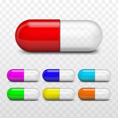 Pharmaceutical Medicament Capsules Set Vector. Pharmacy Healthcare Multicolor Pills Capsules For Disease Treatment. Chemistry Antibiotic Drugs Dosage Template Realistic 3d Illustrations