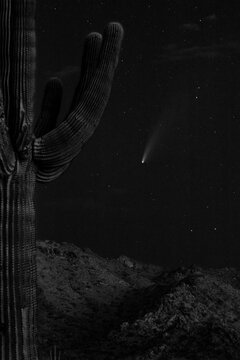 USA, Arizona, Buckeye. Comet Neowise Spews Trail Over White Tank Mountains And Desert.