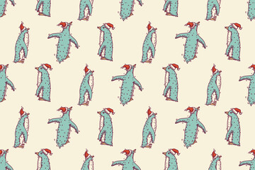 Vector Christmas pattern design with funny hand drawn cartoony grumpy and cute penguins in Santa's hat made with retro stile colors