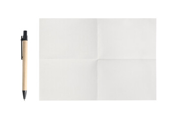 Pen and white paper with folded marks isolated on white  with clipping path include for design usage purpose