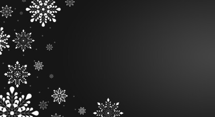 Illustration with white snowflakes on a graphite background with rectangular border and copy space .. Beautiful Christmas background for your greeting card.