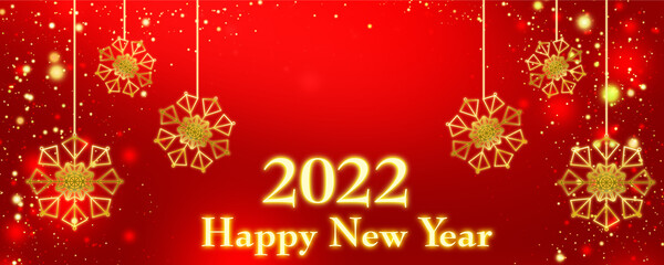 Fototapeta na wymiar Red Christmas background with golden snowflakes and the text Happy New Year 2022. Bright illustration for a Christmas card. Gold snowflakes on a red gradient background.