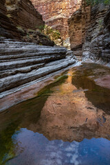 USA, Arizona. Reflections of geological formations, Matkatamiba Canyon, hiking from the Colorado River, Grand Canyon National Park.