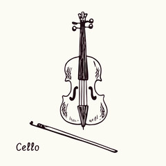 Cello. Ink black and white doodle drawing in woodcut style with inscription.