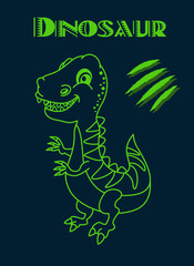 Green tyrannosaurus dinosaur with big teeth and claws on dark poster background