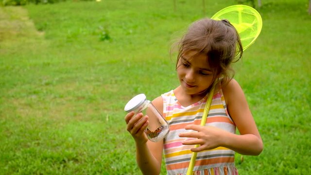 A child girl catches butterflies with a butterfly net. Selective focus.