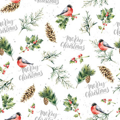 Christmas beautiful watercolor pattern, fairy tale forest. Berry and green leaves of holly, spruce branches, pinecones, birds and hand drawn letterin. Pattern for wrapping paper, print or fabric