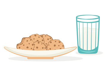 A glass of milk and a plate with cookies or biscuits with chocolate drops. Vector illustration