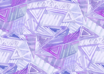 Freehand geometry seamless pattern. Purple triangles hand drawn in watercolor for textile and surface design
