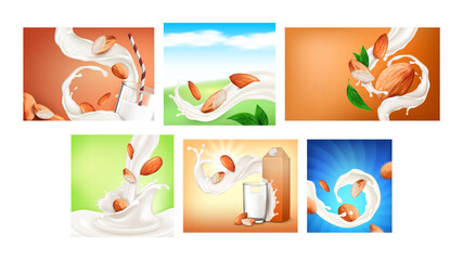 Fototapeta premium Almond milk drink glass poster set. Vegan nut. Beverage dairy food. white fresh splash. Protein seed. Alternative organic calcium breakfast. Nutrition cold flow. 3d realistic illustration