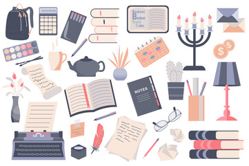 Books and stationery isolated elements set. Collection of papers, letter, calendar, lamp, typewriter, pen and other. Writers desktop items composition. Vector illustration in flat cartoon design