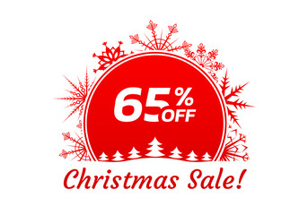 Christmas sale icon, label or banner. Xmas discount promotion poster or card template with snowflakes. 65 percent price off. Vector illustration.