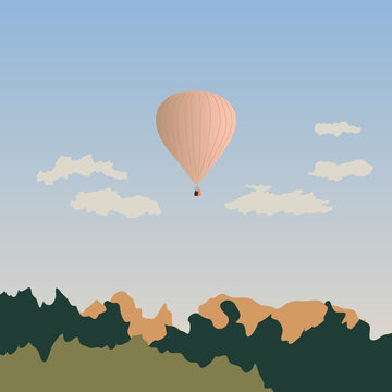 tender postcard, picture, vector illustration, stamp with early spring, nature, a hot air balloon flies in the sky.