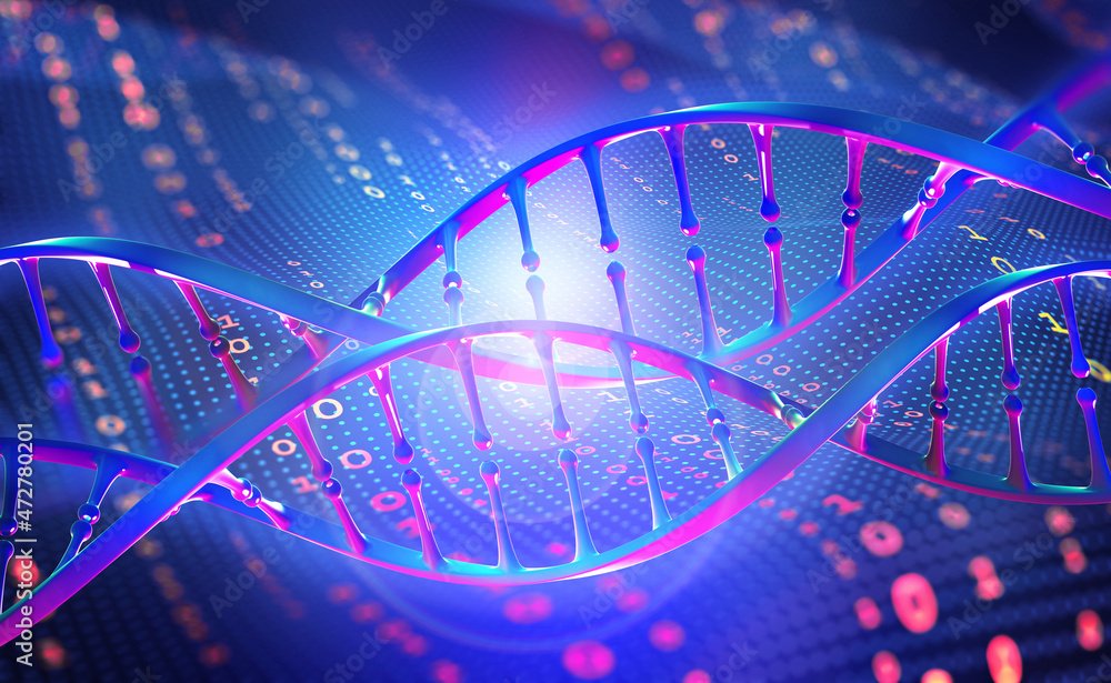 Poster high technology and genetic research. 3d illustration of a dna helix on a digital code background. h