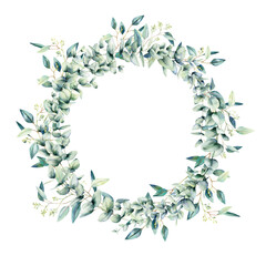 Watercolor eucalyptus branch wreath. Hand painted eucalyptus branches isolated on white background. Floral illustration for design, print, fabric or background