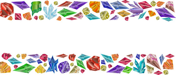 Horizontal frame made of colored crystals for web design and postcards. A frame made of magical multicolored gems. Vector