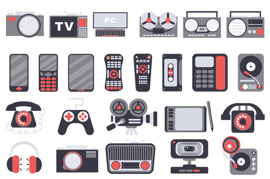 Gadgets isolated elements set. Collection of photo camera, tv, computer, tape recorder, radio, smartphone and other. Electronic device shop compositions. Vector illustration in flat cartoon design