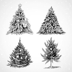 Hand drawn Merry Christmas winter tree set sketch design