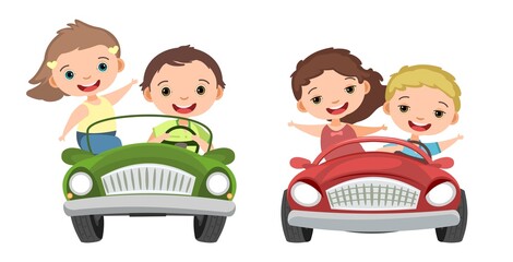 Set. Children drive a car. Kids. Race. Childrens pedal or electro automobile. Toy vehicle. With a motor. Good passenger car. Isolated over white background. Vector