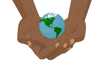 African-American man hold Earth in his hands. Vector illustration.