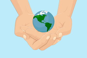 Man hold Earth in his hands. Vector illustration.