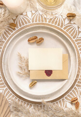 Wedding Table place with Blank paper card and bohemian decorations