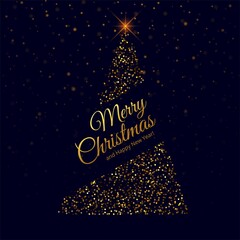 Golden glitter Merry Christmas tree on black background