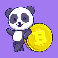 Cute Panda Holding Big Bitcoin Cartoon Vector Icon Illustration. Animal Character Mascot Flat Concept.