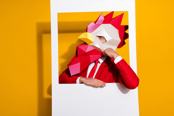 Photo of minded pensive guy in snapshot picture look empty space wear cock mask red tux isolated yellow color background