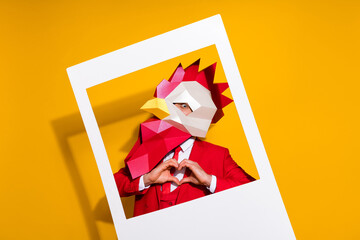 Photo of freak in love make momentary picture show heart wear cock mask red tux isolated yellow...