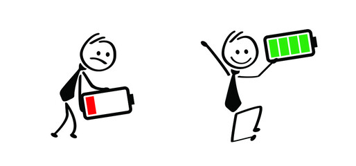 Life energy. Stickman, Businessman with red low battery and stick man, business man with green full level. Charge indicator pictogram. Happy and unhappy, Energetic, tired or exhausted symbol.  Cartoon