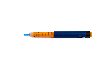 Blue insulin syringe pen on a white background, isolated.