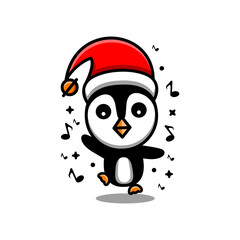 Dancing penguin with Christmas hat in white background , vector logo design template