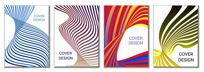 A set of 4 abstract covers. Wavy parallel gradient lines, ribbons evolve. Cover design, background. Trendy banner, poster.