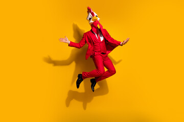 Photo of crazy corporate incognito guy jump have fun wear chicken polygonal mask red tux isolated...