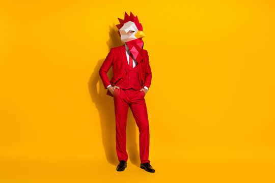 Photo of successful manager guy hands pockets wear rooster polygonal mask red tux isolated yellow color background