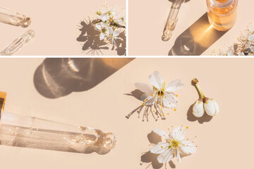 collage of pipettes with liquid serum with golden bottle and shadows on beige background