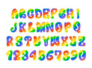 PRIDE LGBT font with rainbow pattern. Vintage alphabet on white