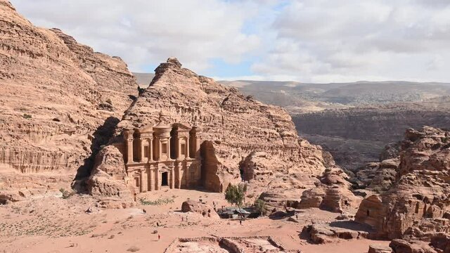 Stunning view of Ad-Deir, a monumental building carved out of rock in the ancient Jordanian city of Petra.