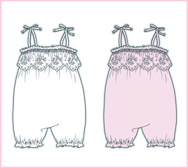 Baby Girls Romper Sketches, Kids Fashion Flat Sketches, One-Piece Technical Drawings, Fashion CAD Design Vector illustration