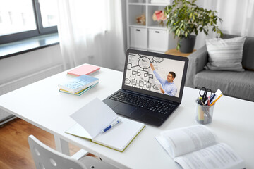 education, school and distant learning concept - open laptop computer with male teacher on screen, notebook and book on table at home