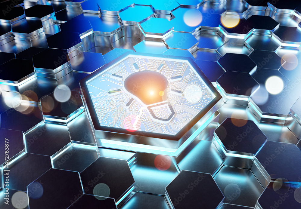 Aufkleber Lightbulb icon creativity concept engraved on metal hexagonal pedestral background. Innovation symbol glowing on abstract digital surface. 3d rendering
