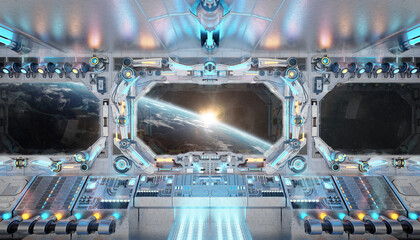 White spaceship interior with glowing blue and red lights. Futuristic spacecraft with large window view on planet Earth. 3D rendering © sdecoret