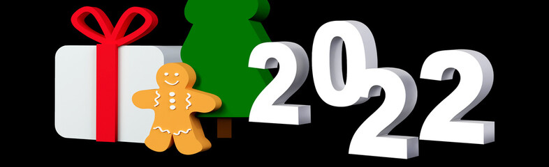 Christmas 3d render banner or greeting card Date 2022 on black background with fir tree, cookies, gift box