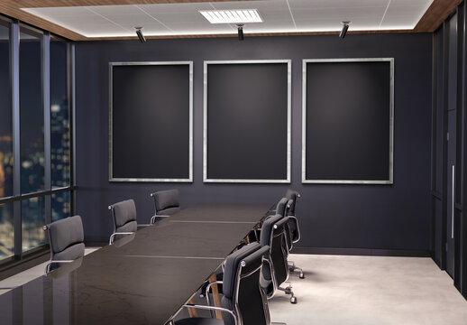 Three Vertical Frames Mockup Hanging In Office Meeting Room. Mock Up Of Billboards In Modern Company Interior 3D Rendering