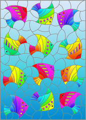 Fototapeta na wymiar Stained glass illustration with bright rainbow fish on a blue background, rectangular image